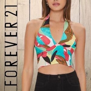 FOREVER 21 Abstract Print Cropped Halter Top NWT
